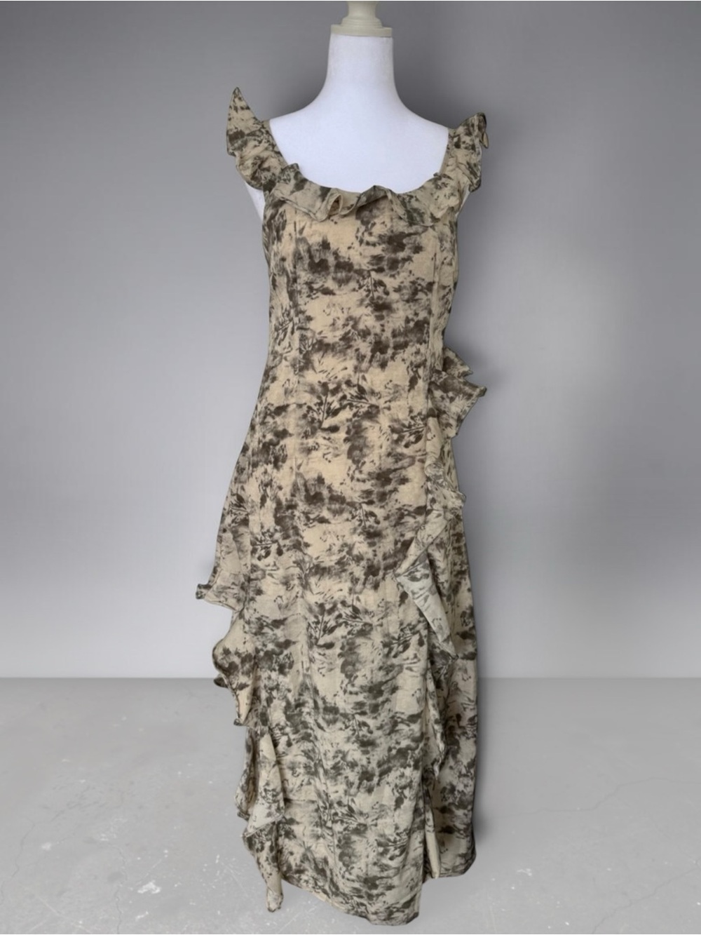 Neutral Abstract Ruffle Maxi Dress - Beige/Gray Sample